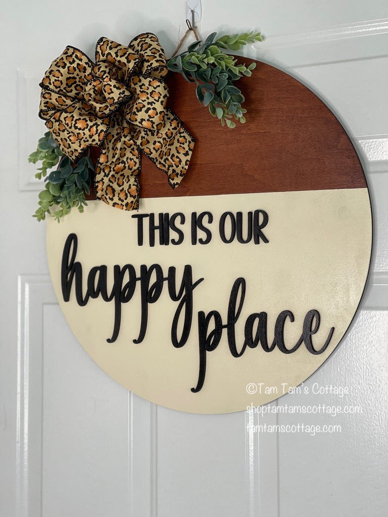 This Is Our Happy Place Door Hanger – Rustic Leopard Bow Decor 18 inch