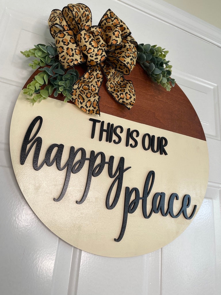This Is Our Happy Place Door Hanger – Rustic Leopard Bow Decor 18 inch