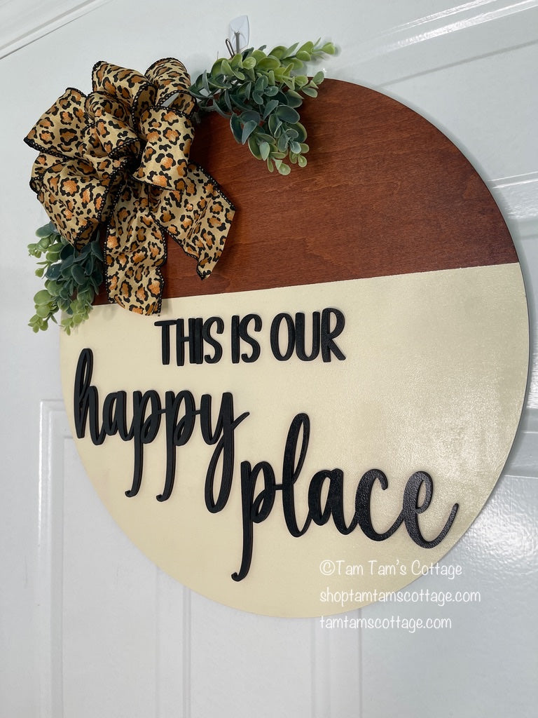 This Is Our Happy Place Door Hanger – Rustic Leopard Bow Decor 18 inch