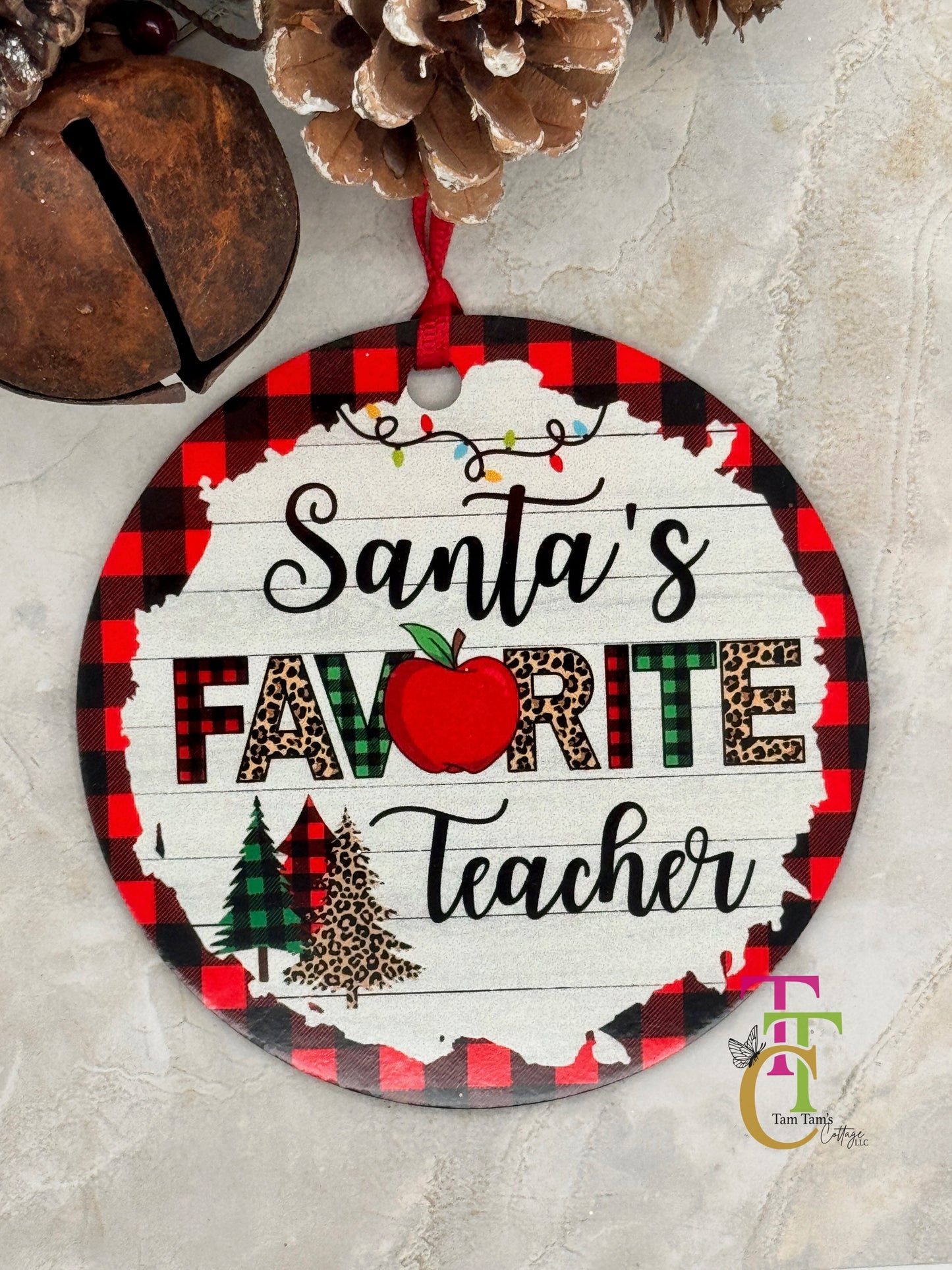Santa's Favorite Teacher Red Buffalo Plaid