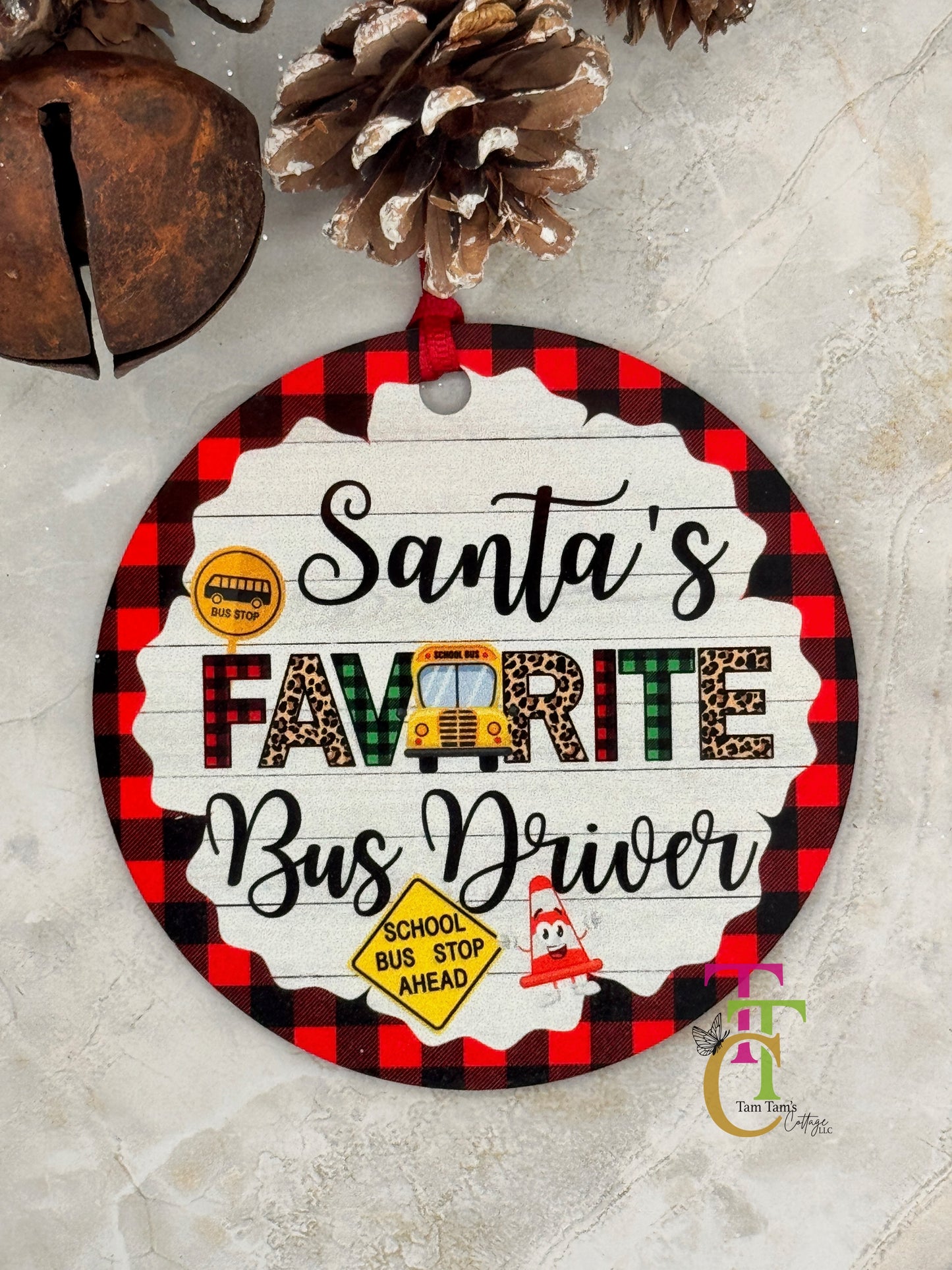 Santa's Favorite Bus Driver Red Buffalo Plaid