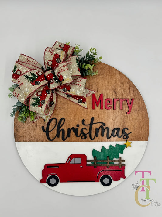 Merry Christmas Red Truck 18 inch Door Hanger