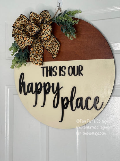 This Is Our Happy Place Door Hanger – Rustic Leopard Bow Decor 18 inch