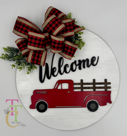 Welcome Red Truck 18 inch Door Hanger