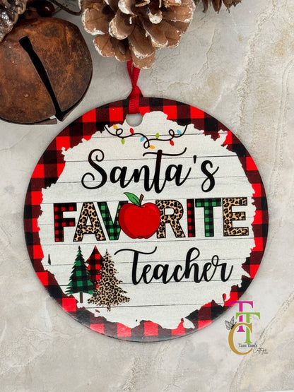 Santa's Favorite Teacher Red Buffalo Plaid